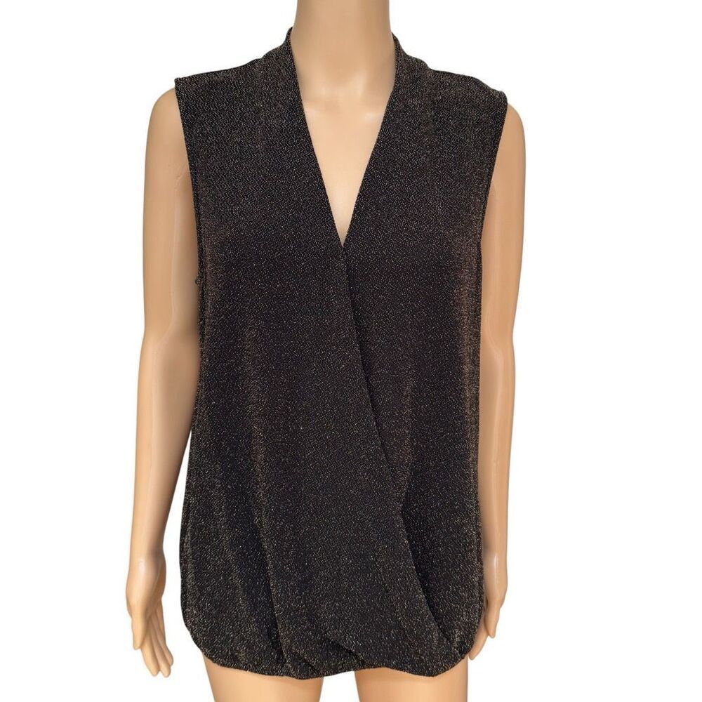 Premise XL Black Gold Metallic Sleeveless Surplice Top NWT Party Blouse